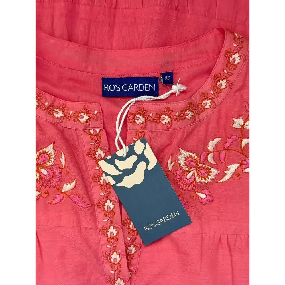 NWT Ro's Garden Isabel Mini Cotton Voile Embroidered Resort Dress Pink Coral XS - Picture 5 of 5